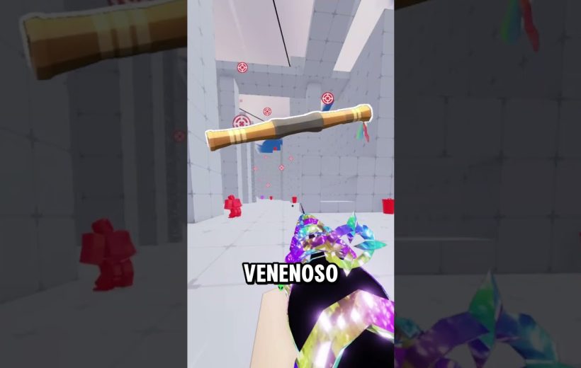 First-person view in a bright game arena aiming at a floating wooden scroll labeled "Venenoso"
