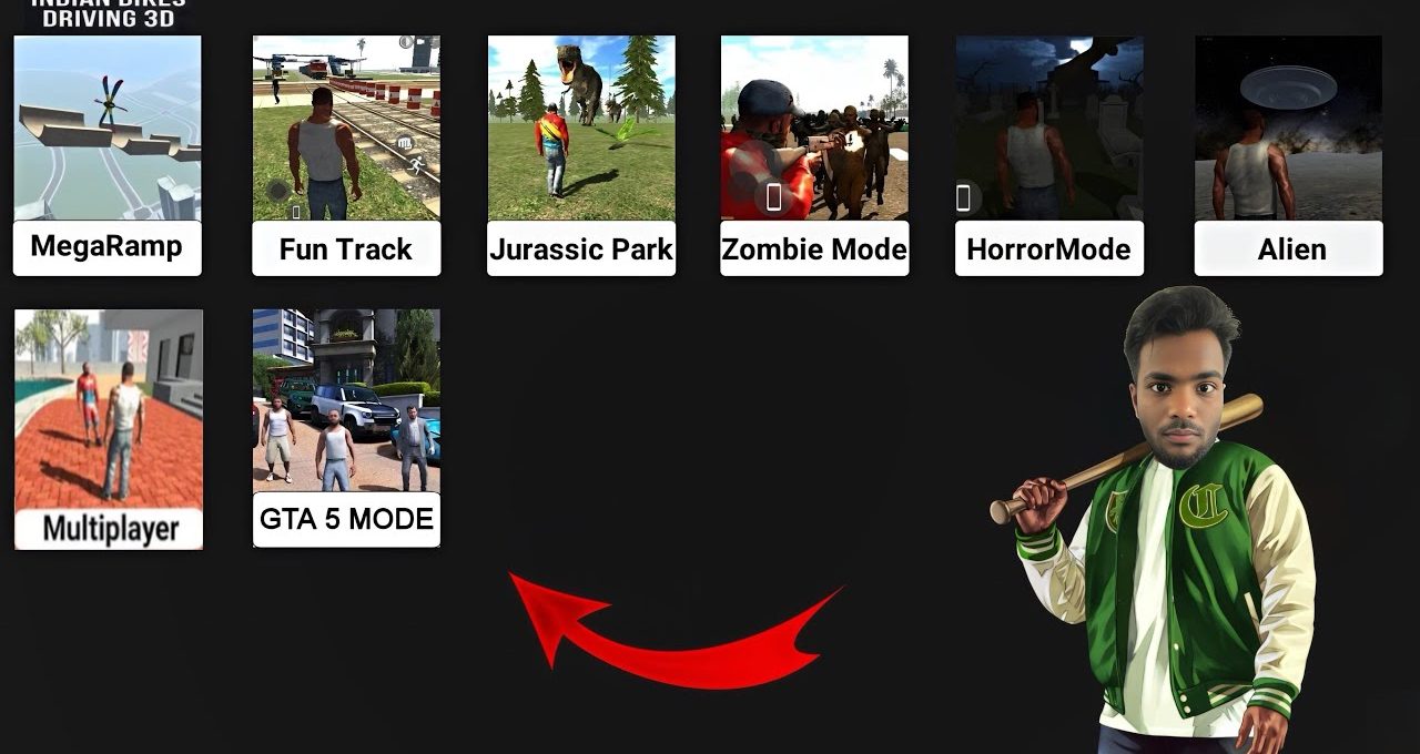 Game mode selection grid with thumbnails and a man holding a baseball bat standing right