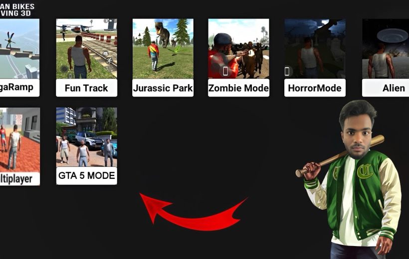 Game mode selection grid with thumbnails and a man holding a baseball bat standing right