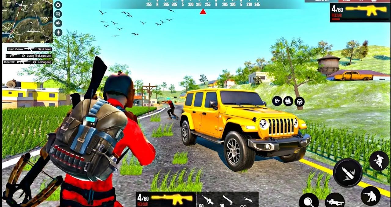 Player in red aiming at another combatant beside a yellow SUV on road