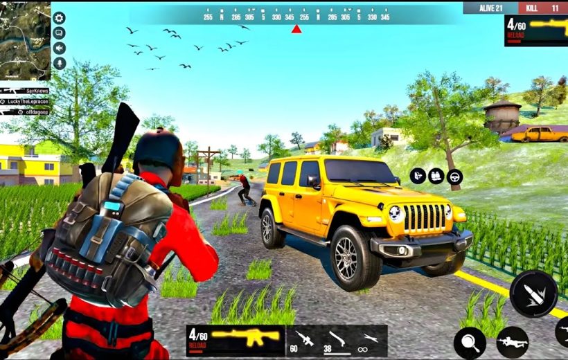 Player in red aiming at another combatant beside a yellow SUV on road