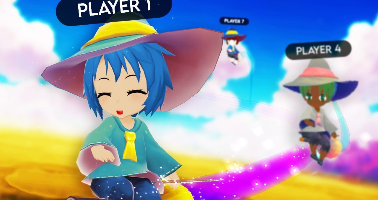 Smiling blue-haired witch character riding a glowing broom in a colorful sky arena