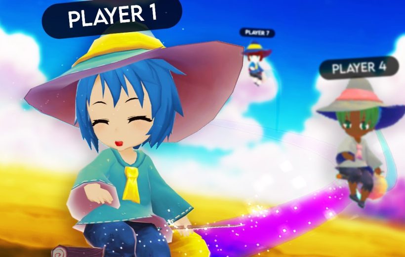Smiling blue-haired witch character riding a glowing broom in a colorful sky arena