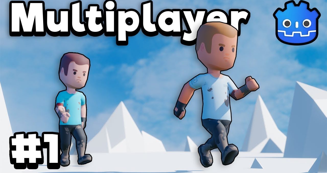 Two cartoon game characters running in a snowy low-poly landscape with "Multiplayer" text