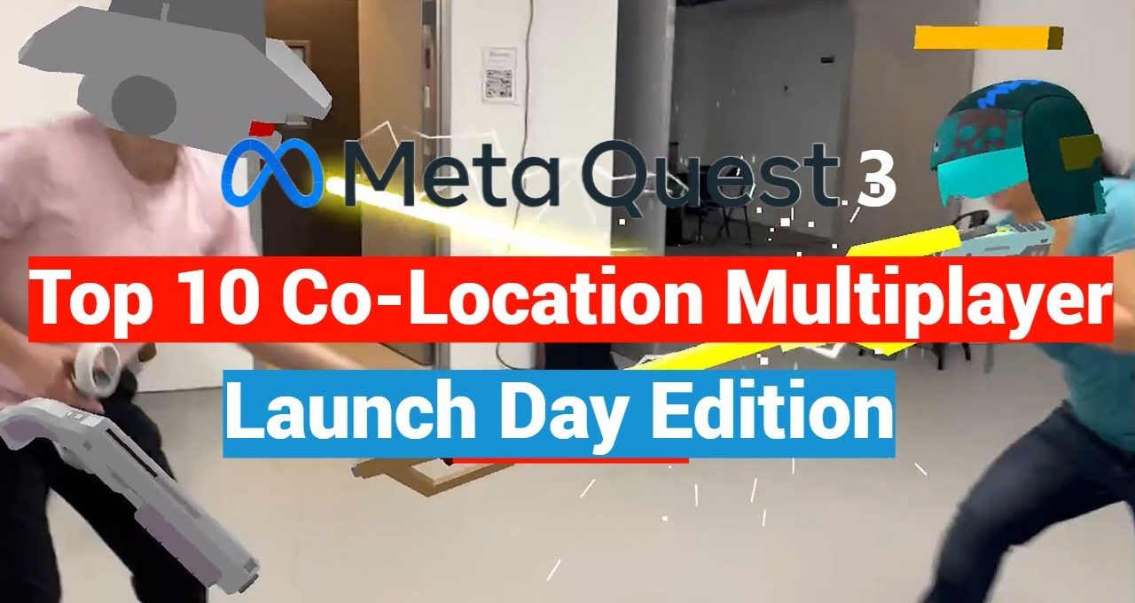 Two people playing Meta Quest 3 co-location multiplayer with virtual weapons and helmets