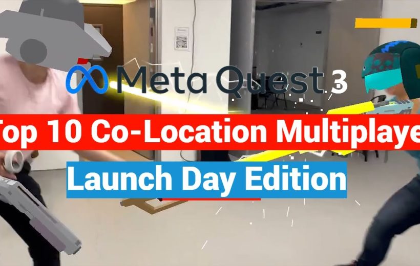 Two people playing Meta Quest 3 co-location multiplayer with virtual weapons and helmets