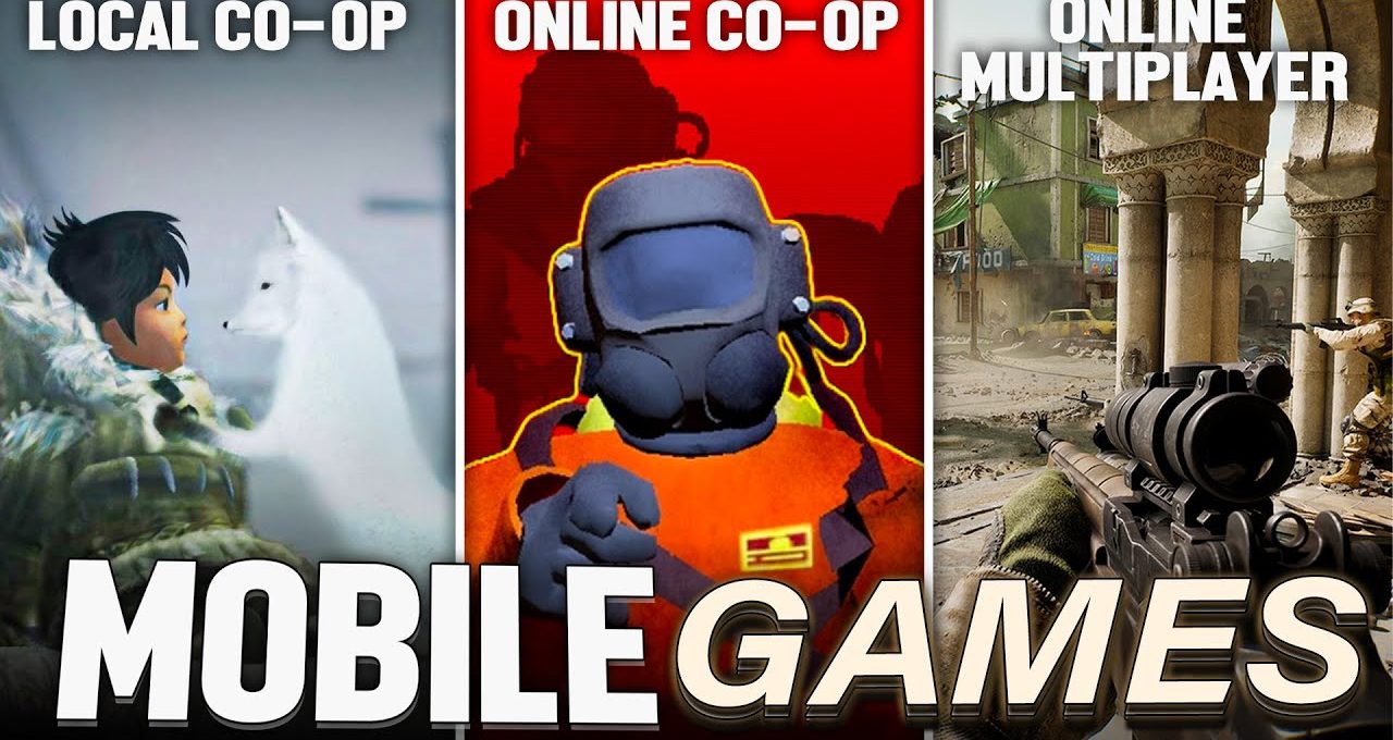 Three-panel collage showing local co-op, online co-op, and online multiplayer mobile games