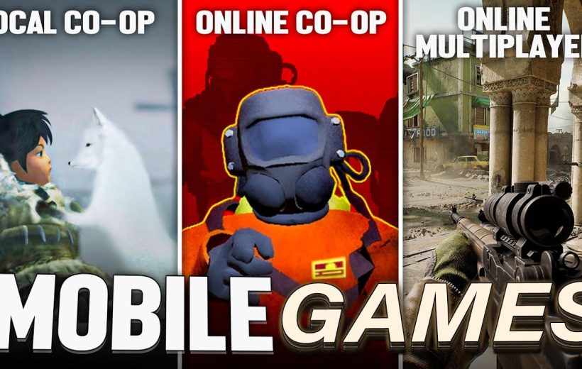 Three-panel collage showing local co-op, online co-op, and online multiplayer mobile games