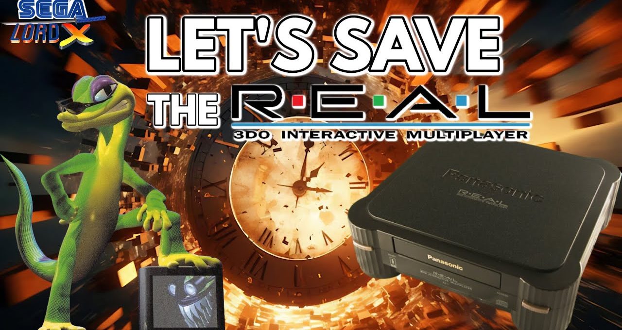 Panasonic 3DO console and Geico gecko with exploding clock background and "Let's Save" text
