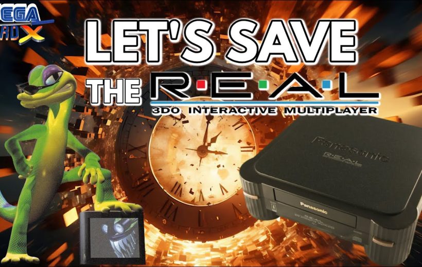 Panasonic 3DO console and Geico gecko with exploding clock background and "Let's Save" text