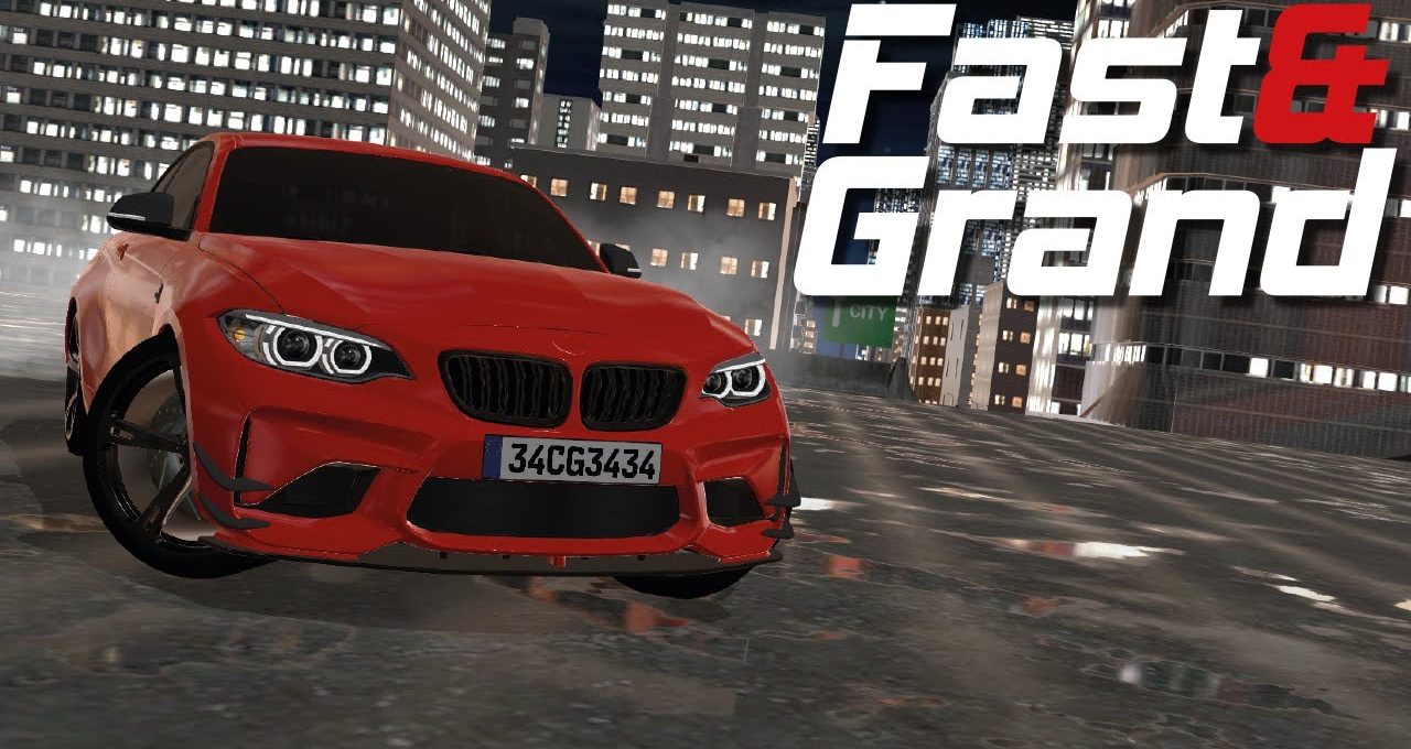 Red sports car drifting on wet city street at night with "Fast & Grand" text
