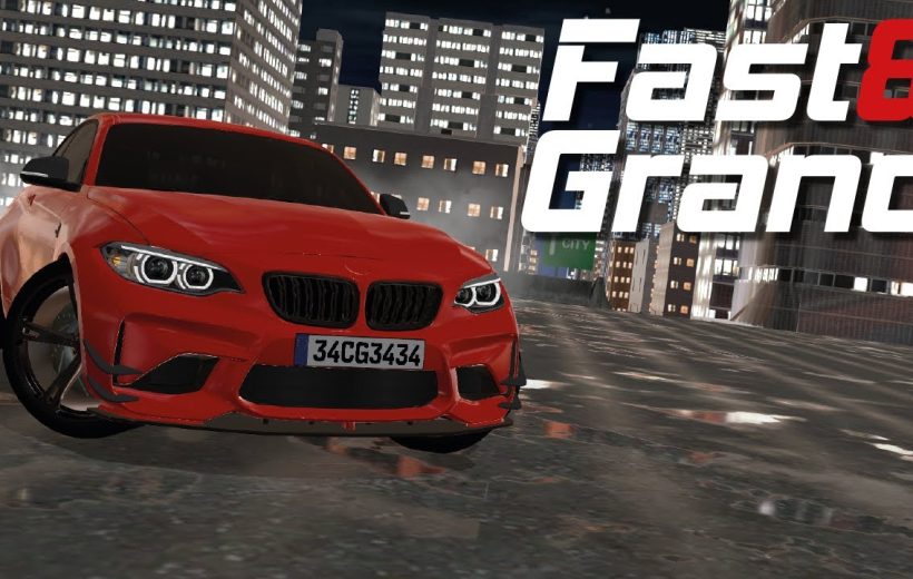 Red sports car drifting on wet city street at night with "Fast & Grand" text