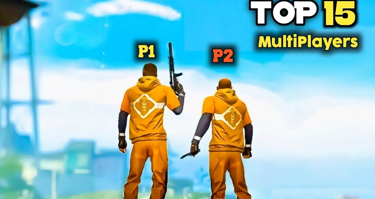 Two multiplayer game characters in orange outfits standing side by side with weapons