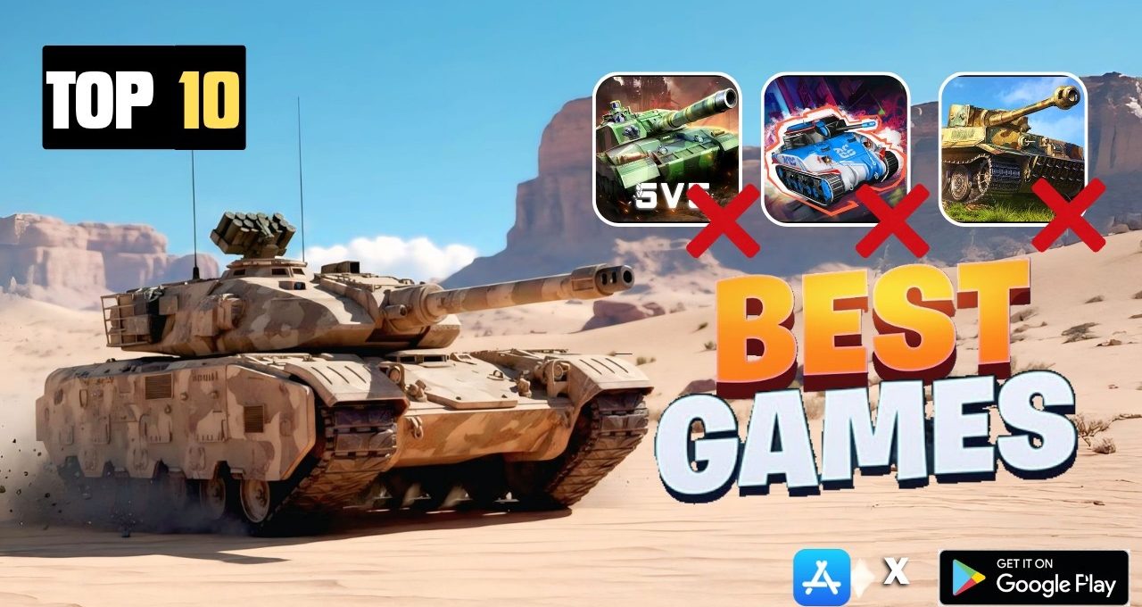 Desert tank driving across sand with bold "Best Games" text and app icons