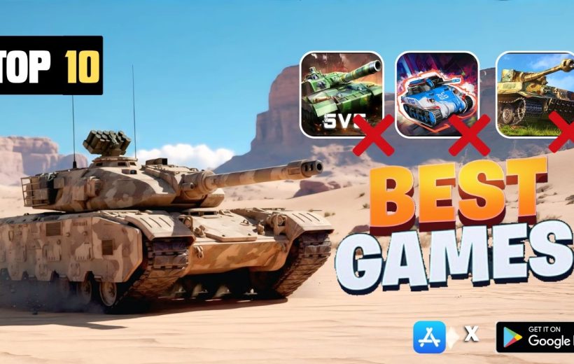 Desert tank driving across sand with bold "Best Games" text and app icons