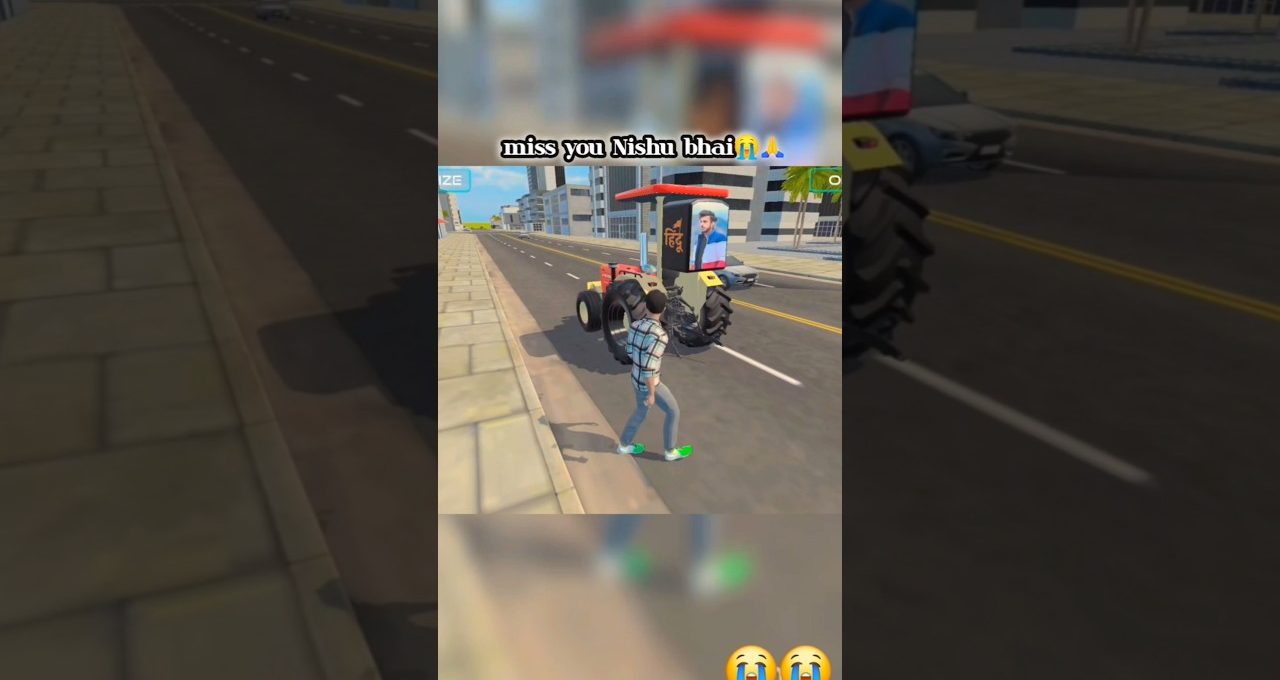 Video game character walking by a parked tractor on an empty city street.