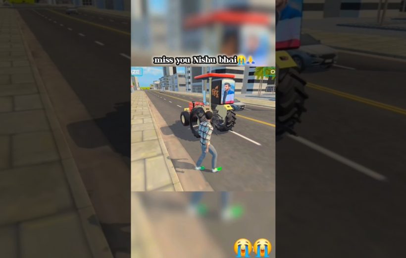 Video game character walking by a parked tractor on an empty city street.