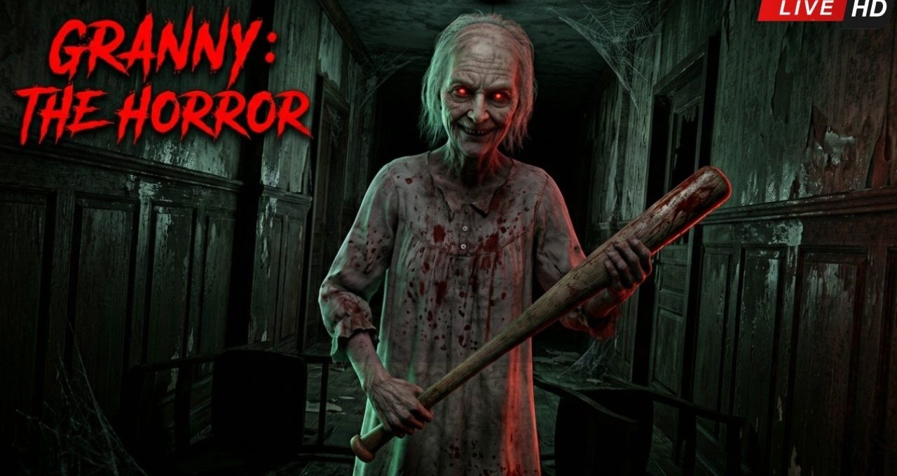 Elderly grotesque woman with glowing red eyes holding a bloodstained baseball bat in hallway