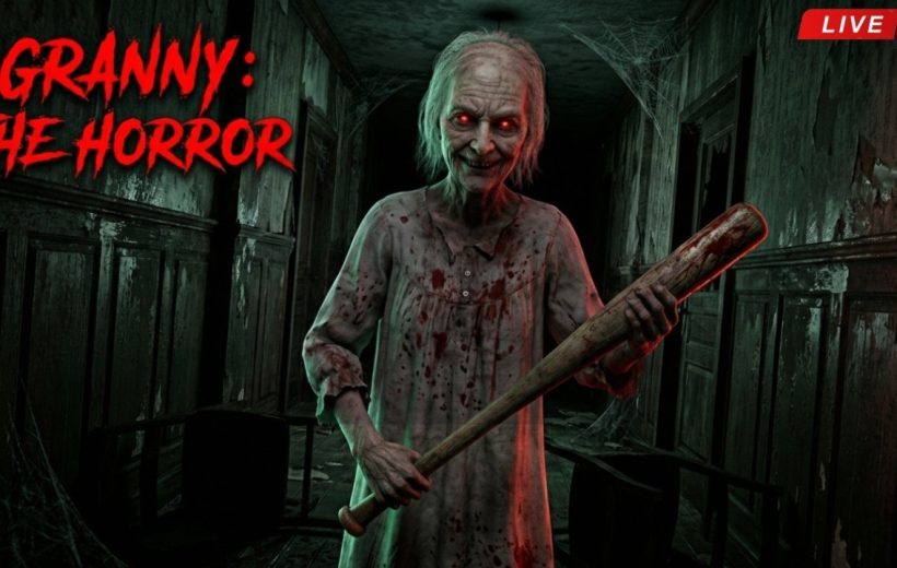 Elderly grotesque woman with glowing red eyes holding a bloodstained baseball bat in hallway