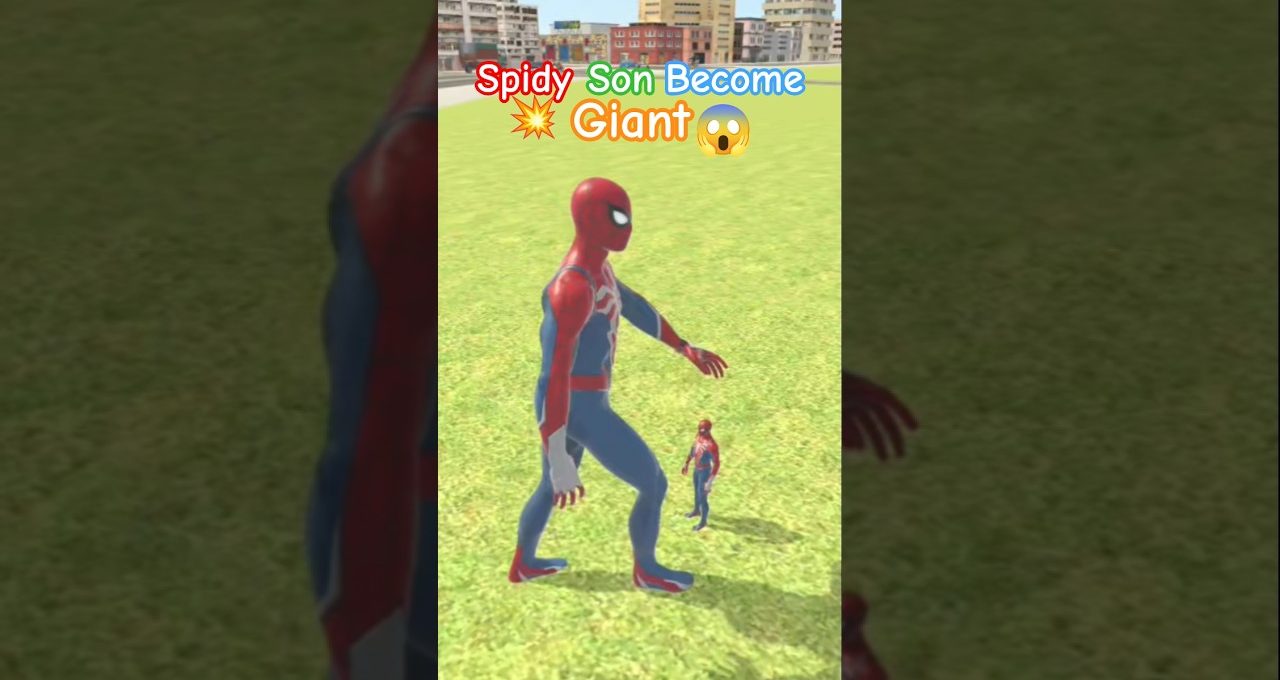 Giant Spider-Man towering over smaller Spider-Man on a grassy urban field