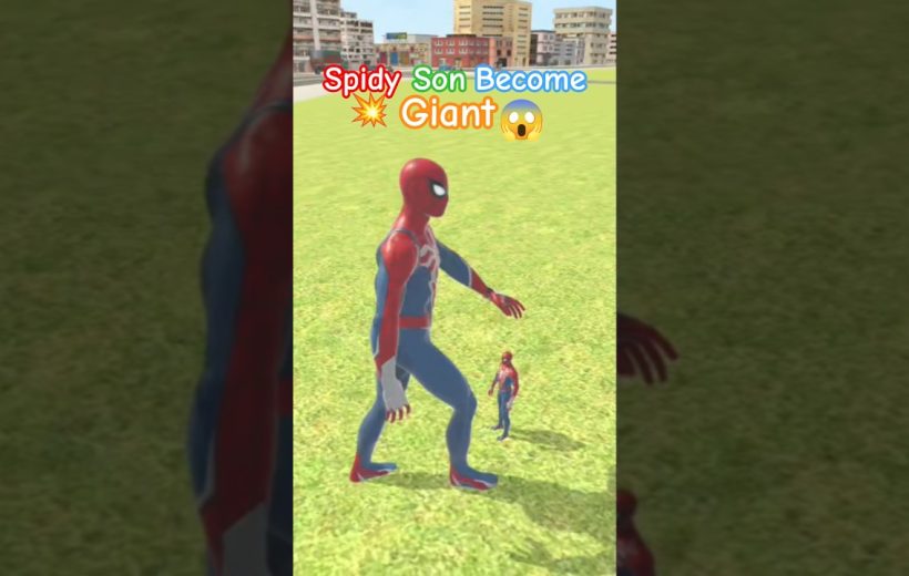 Giant Spider-Man towering over smaller Spider-Man on a grassy urban field