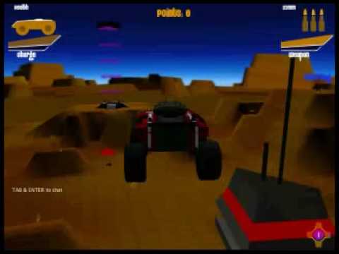 Remote-controlled red monster truck jumping over desert canyon in a video game scene