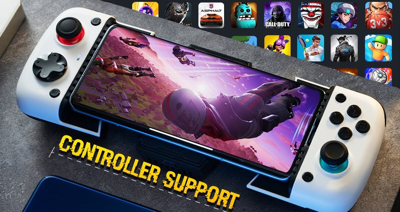 Mobile phone mounted in a white game controller displaying a skydiving shooter game.