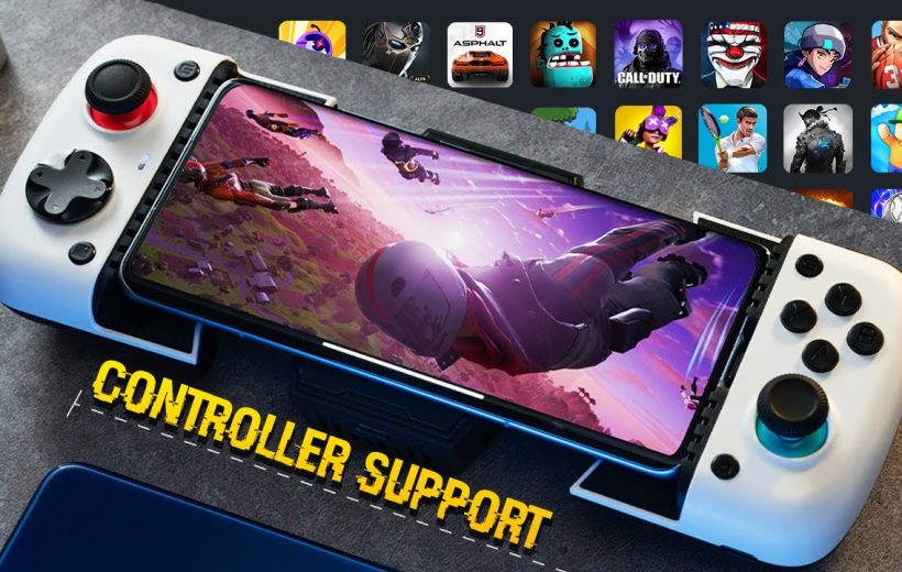 Mobile phone mounted in a white game controller displaying a skydiving shooter game.