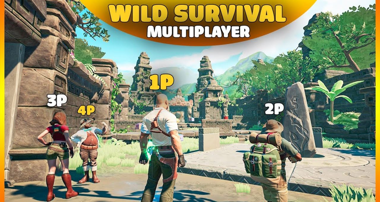 Four diverse players exploring ancient jungle ruins in a colorful multiplayer survival game scene