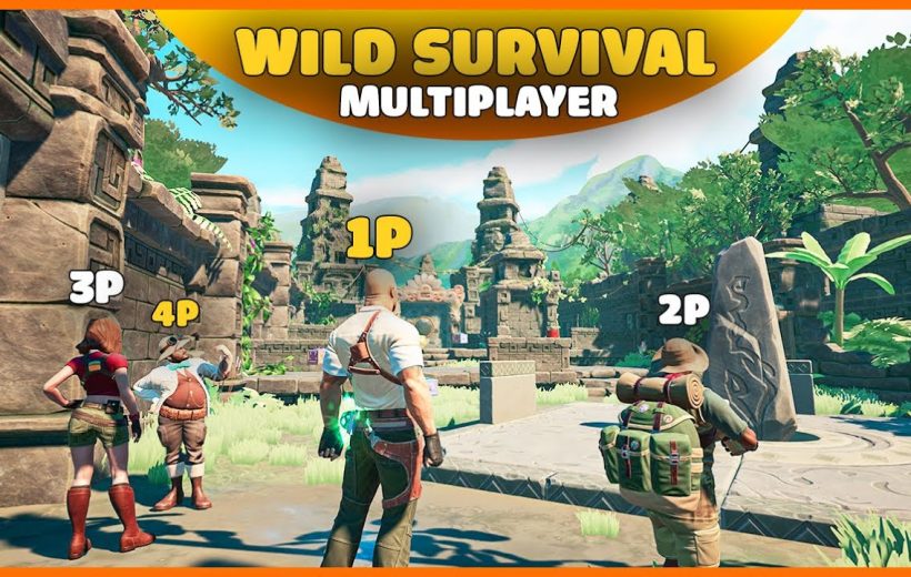 Four diverse players exploring ancient jungle ruins in a colorful multiplayer survival game scene