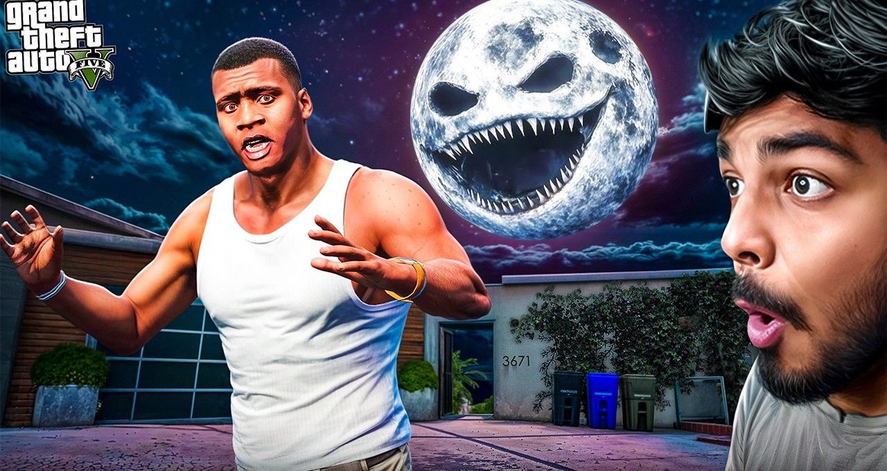 Shocked man and streamer reacting to a monstrous grinning moon over suburban house