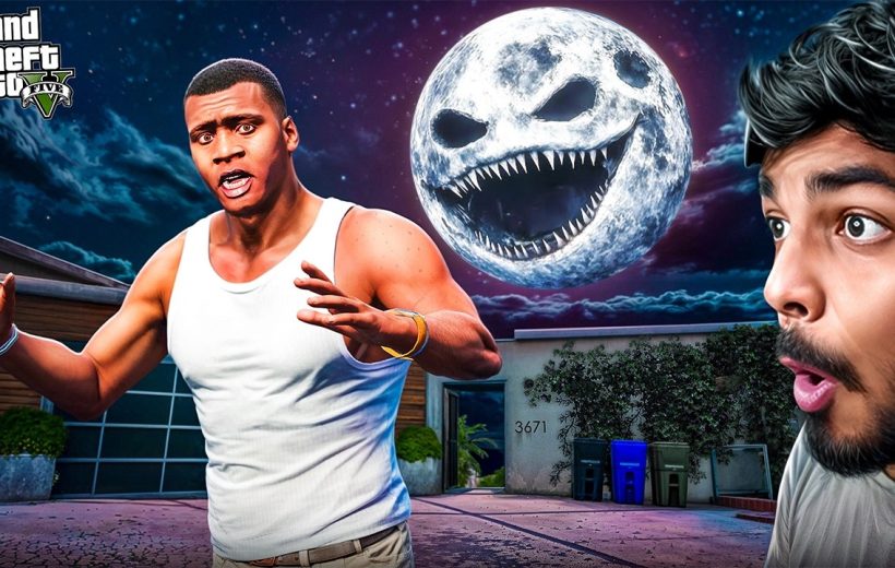 Shocked man and streamer reacting to a monstrous grinning moon over suburban house