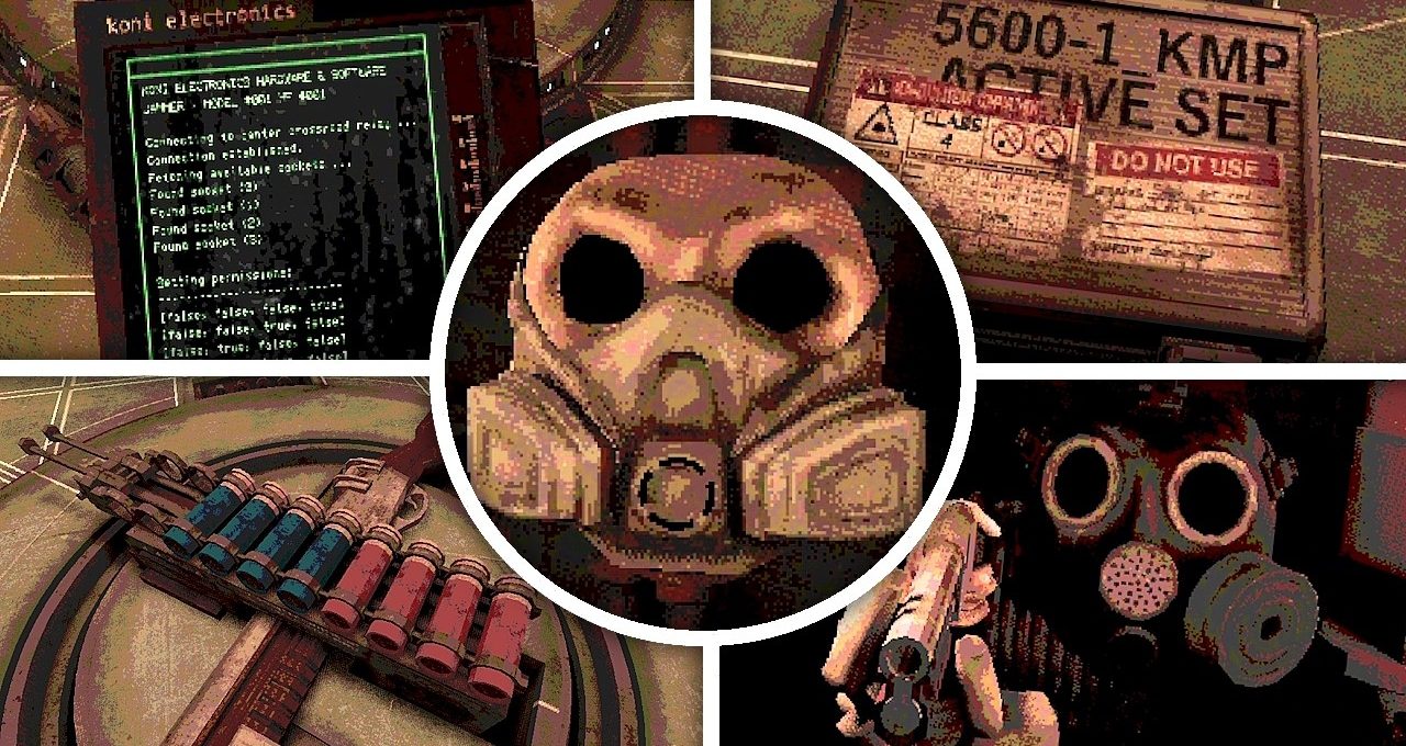 Rustic gas mask collage with weapons, electronics, and explosive equipment surrounding it