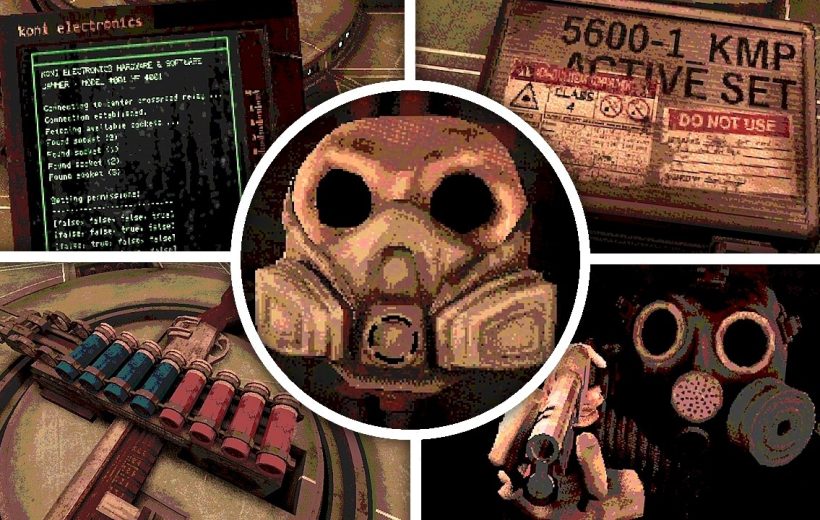 Rustic gas mask collage with weapons, electronics, and explosive equipment surrounding it