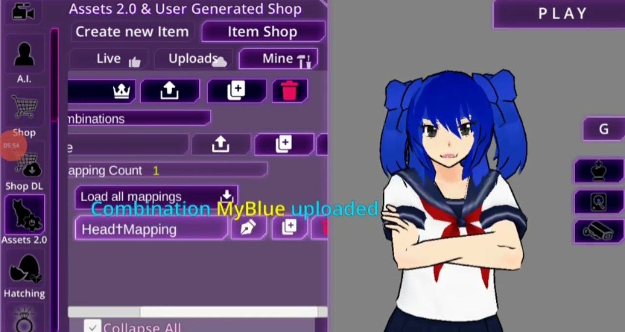 Blue-haired anime-style character in school uniform stands beside a purple app interface.