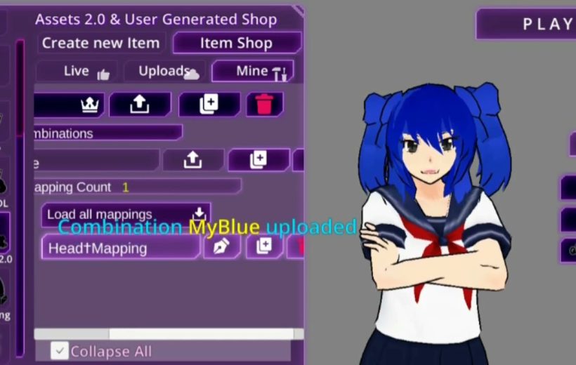 Blue-haired anime-style character in school uniform stands beside a purple app interface.