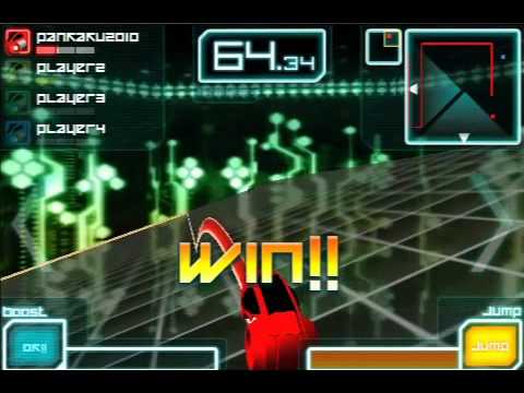 Red futuristic racing vehicle on a neon circuit with bold "WIN!!" text displayed