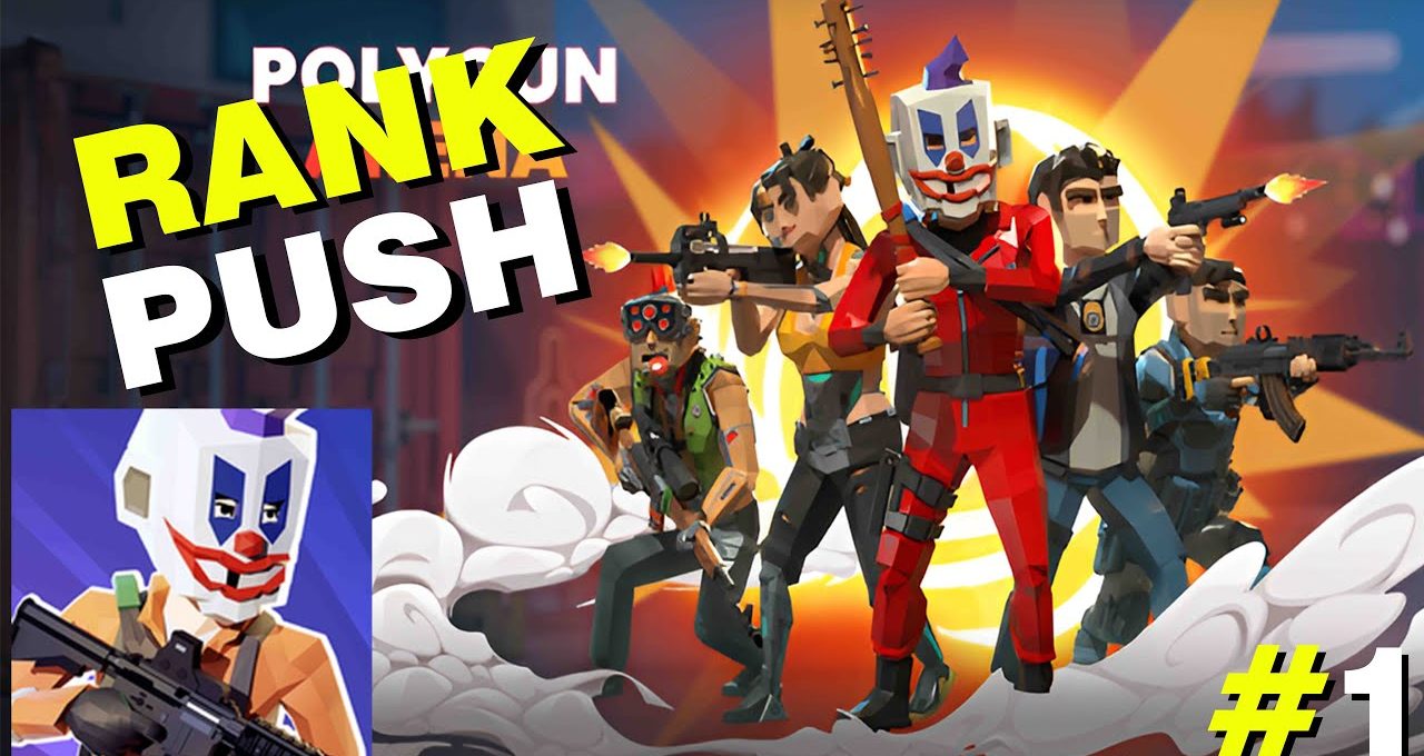 Stylized shooter characters led by clown-masked figure advancing with guns amid explosions