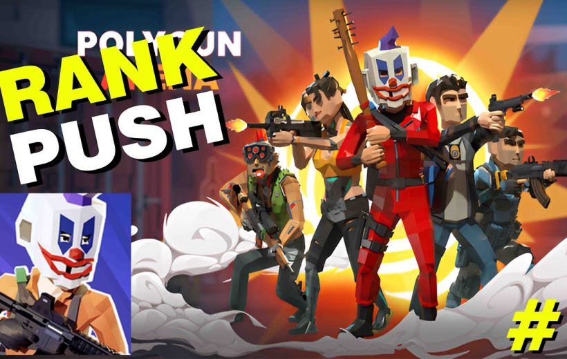 Stylized shooter characters led by clown-masked figure advancing with guns amid explosions
