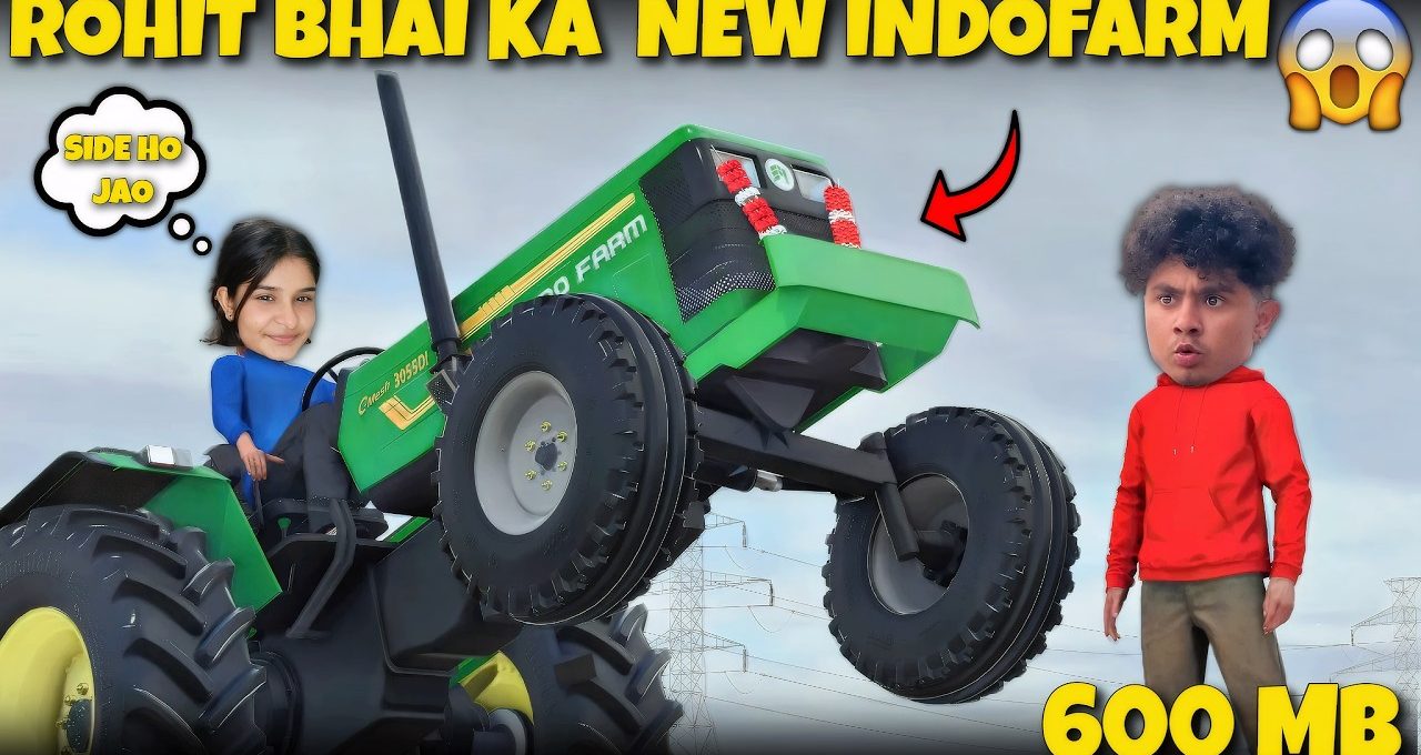 Young woman driving lifted green Indofarm tractor while surprised man watches nearby.