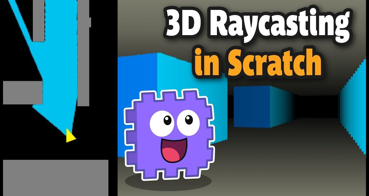 Purple smiling game sprite in front of a 3D raycasted corridor and text