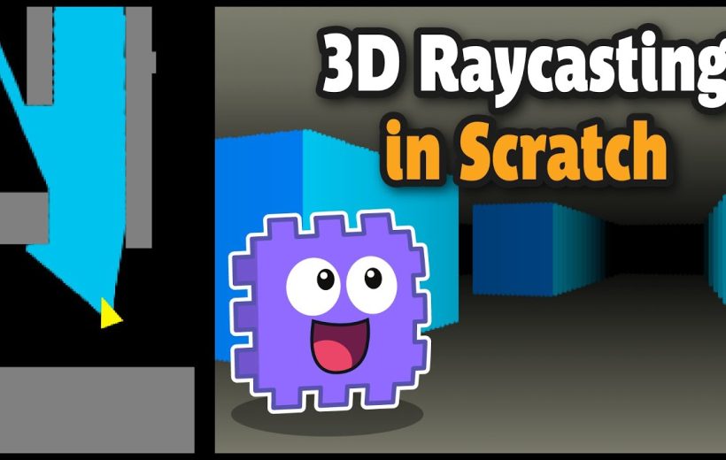 Purple smiling game sprite in front of a 3D raycasted corridor and text