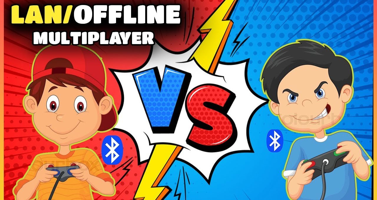 Two kids facing off playing multiplayer video games with controllers and VS graphic