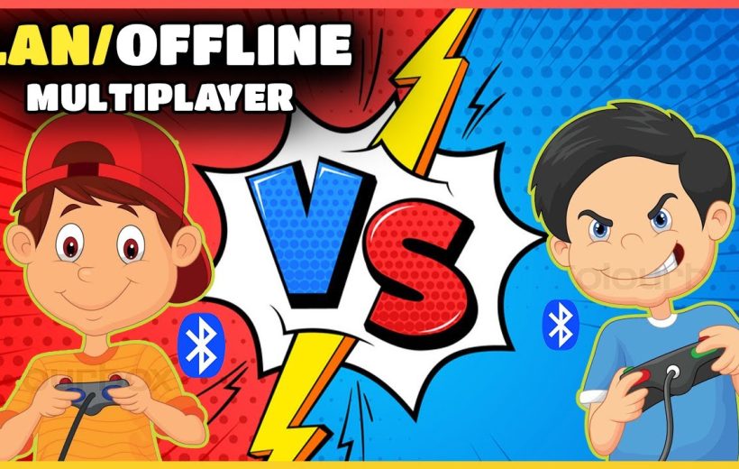 Two kids facing off playing multiplayer video games with controllers and VS graphic