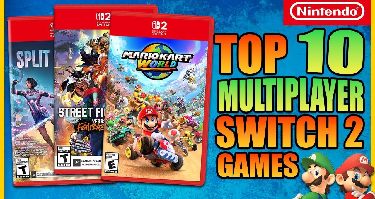 Three Nintendo Switch 2 game covers with bold "Top 10 Multiplayer Switch 2 Games" text