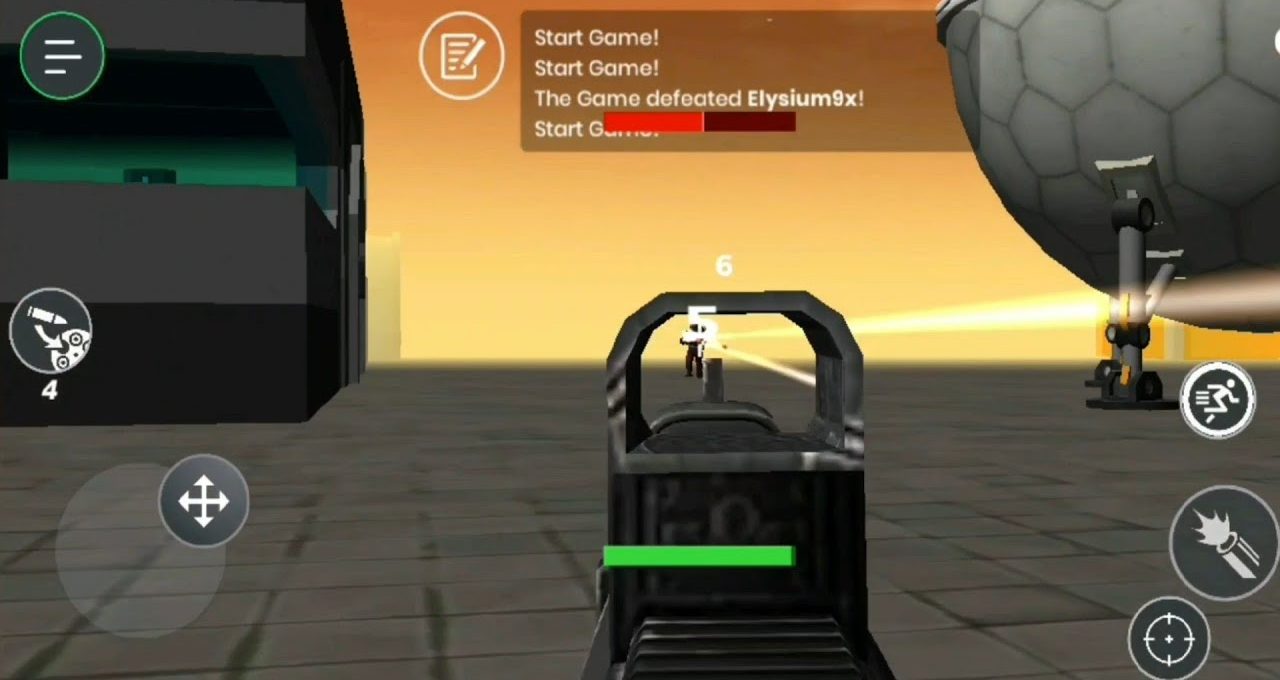 First-person shooter gameplay view aiming at distant enemy on rooftop with UI elements