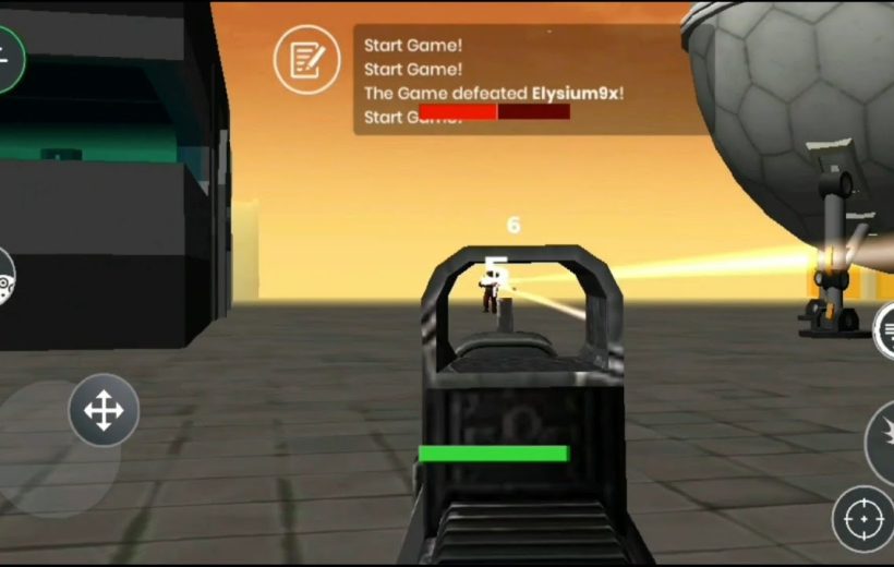 First-person shooter gameplay view aiming at distant enemy on rooftop with UI elements