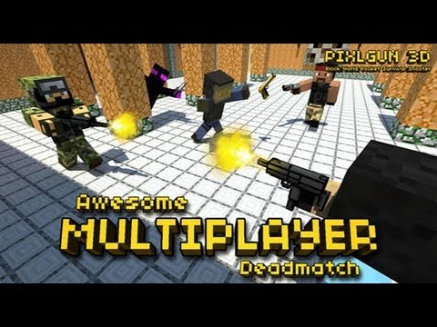 Blocky characters in a pixelated multiplayer deathmatch arena firing guns and explosions.
