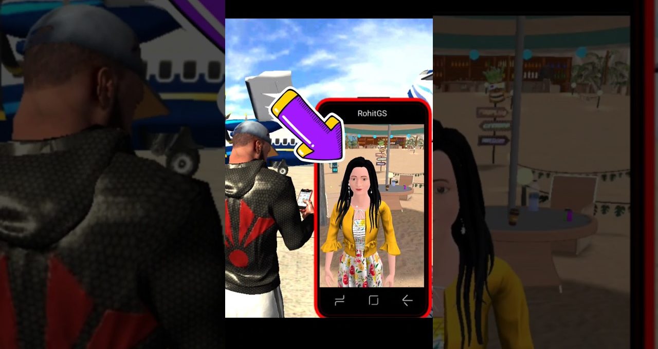 Man viewing a virtual avatar of a woman on a smartphone at a beach scene