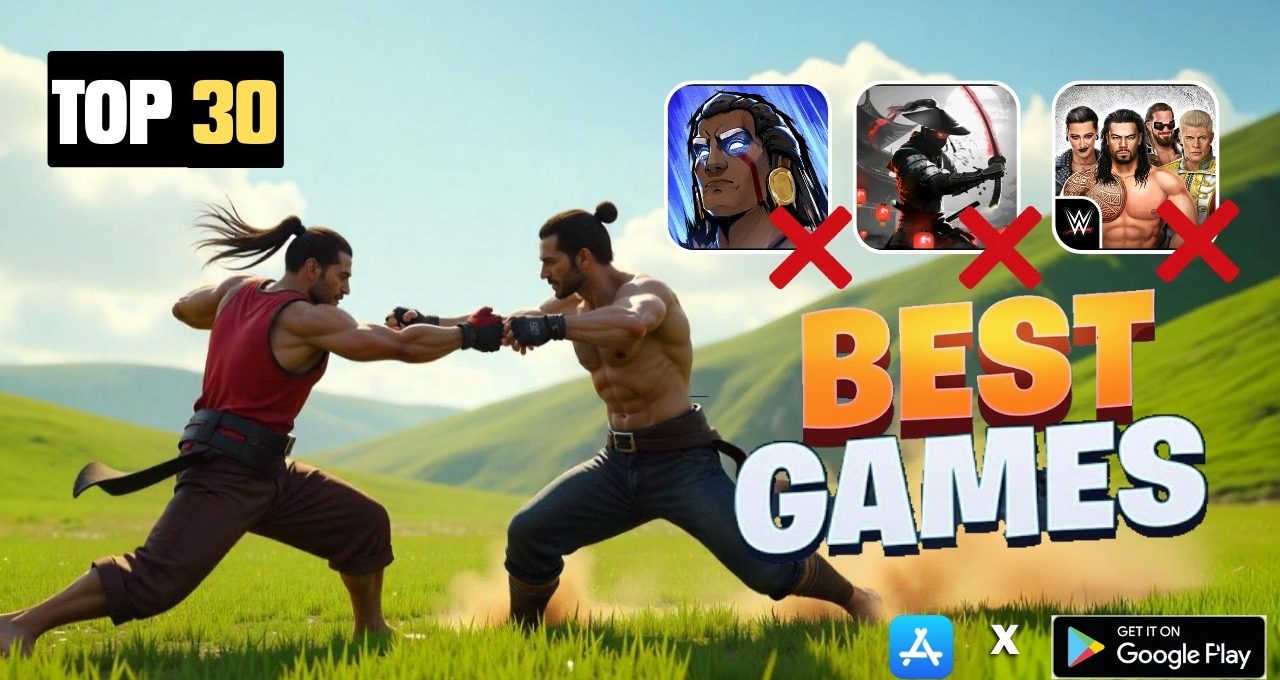 Two shirtless warriors spar in a sunlit grassy valley with "Best Games" text